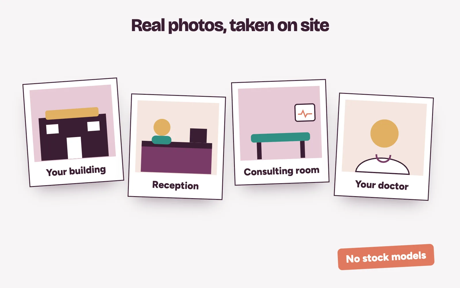 Real photos taken on site for a clinic website: street view with sign, reception, consulting room and doctor portrait
