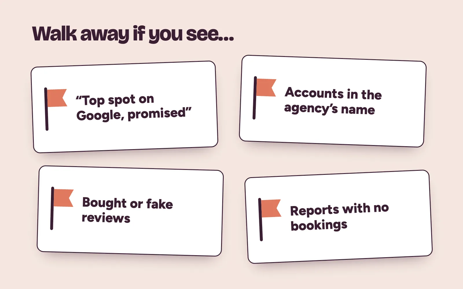 Red flags when hiring a clinic marketing agency: promised top ranking, agency-owned accounts, bought reviews and reports with no bookings