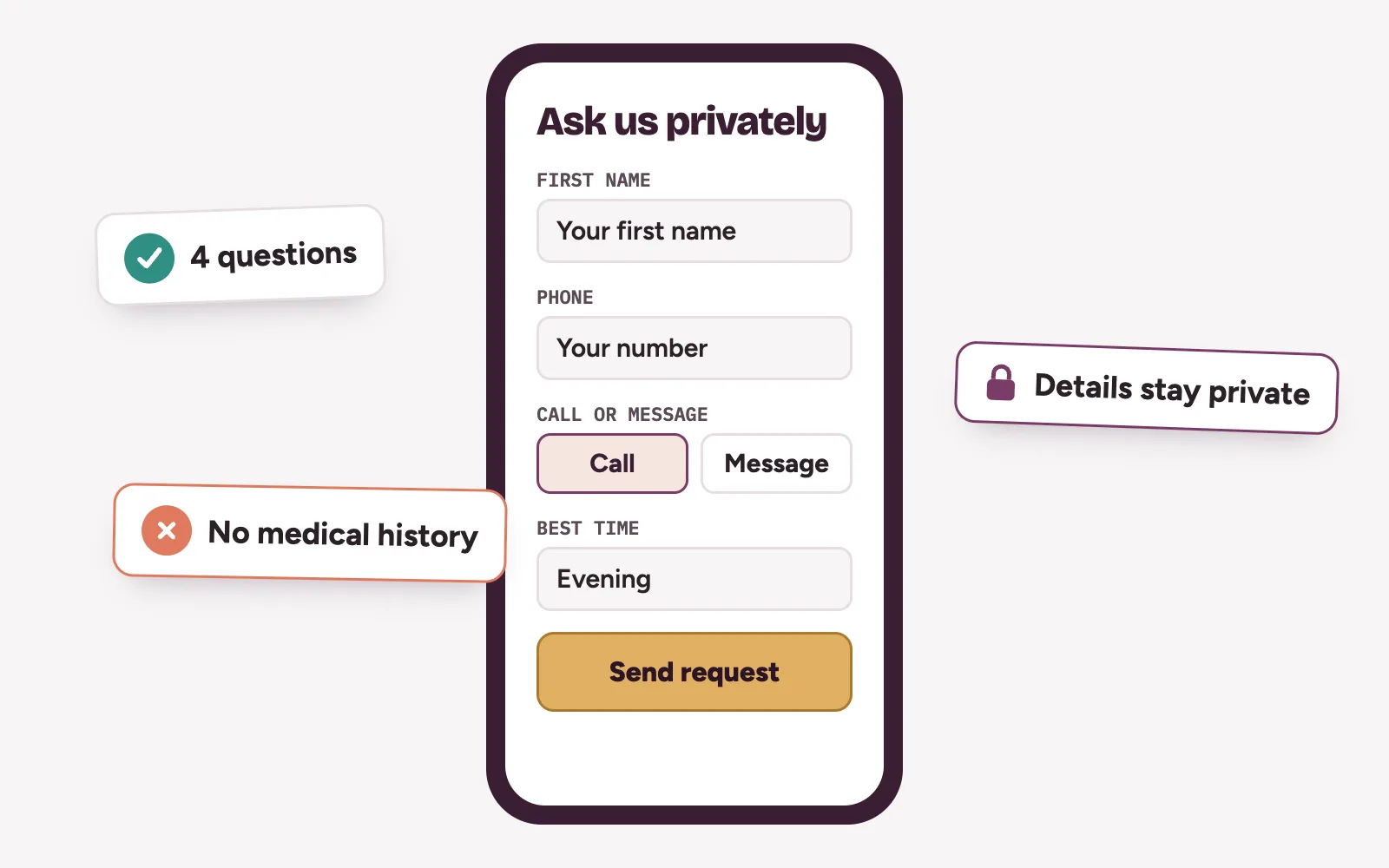 Short private enquiry form on a fertility clinic website: first name, phone, call or message, best time, and a note that details stay private