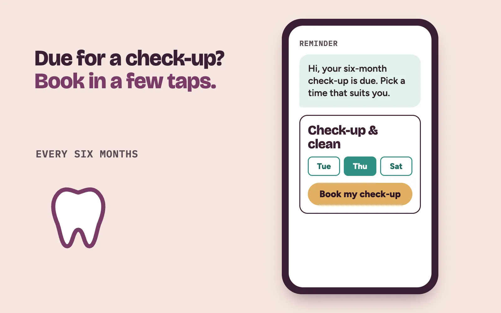 Six-month check-up reminder on a phone linking to a dental clinic check-up booking page