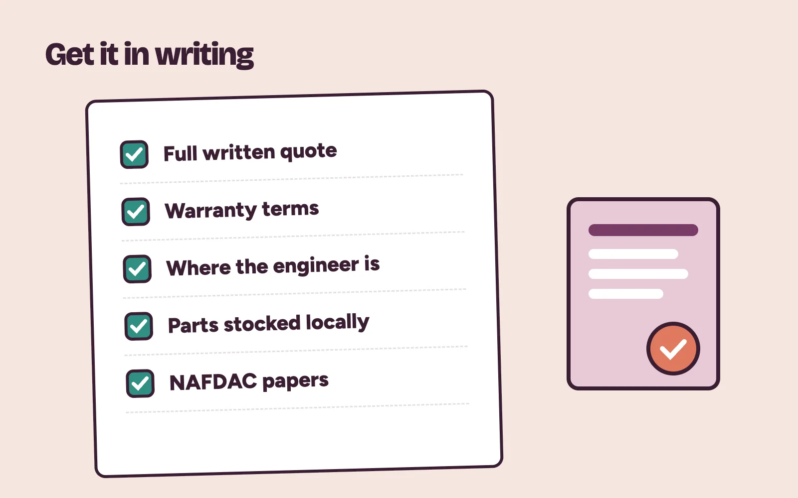 Supplier checklist for an ECG machine or autoclave: written quote, warranty, engineer, parts and NAFDAC papers