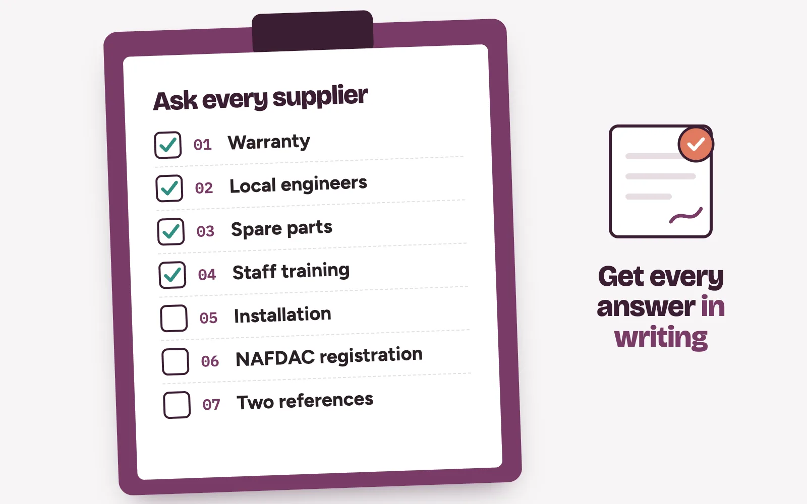 Supplier checklist for hospital equipment: warranty, engineers, spare parts, training, installation and NAFDAC registration