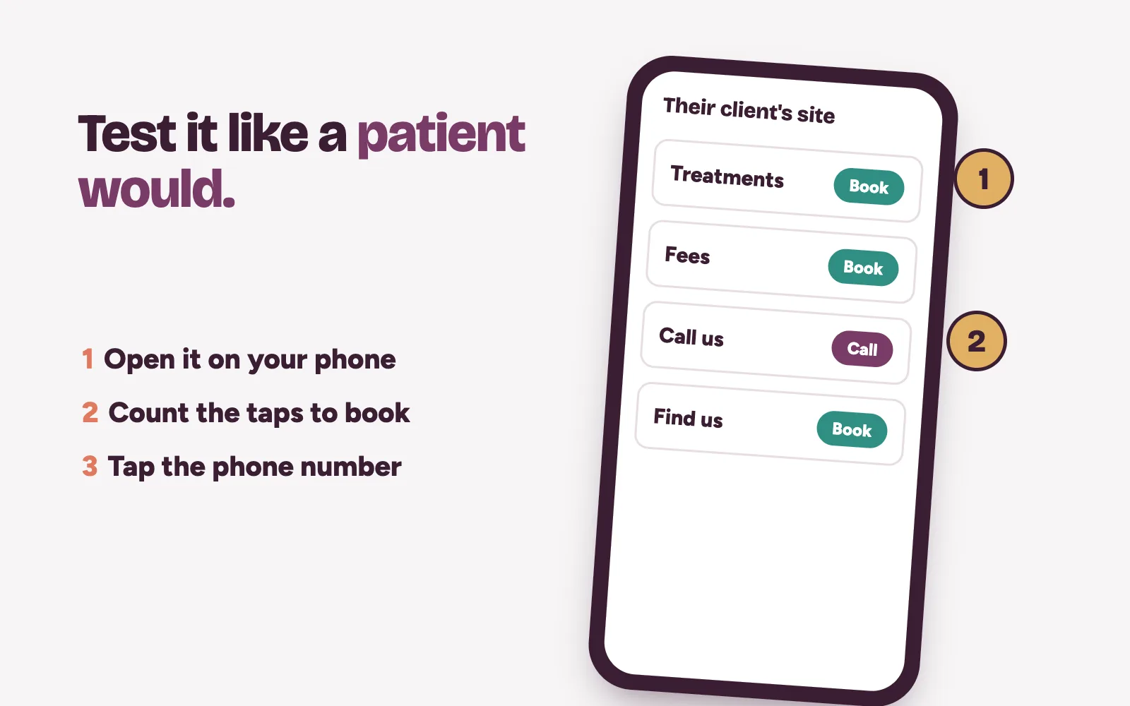 Testing a designer's past clinic website on a phone: counting taps to book and checking the phone link