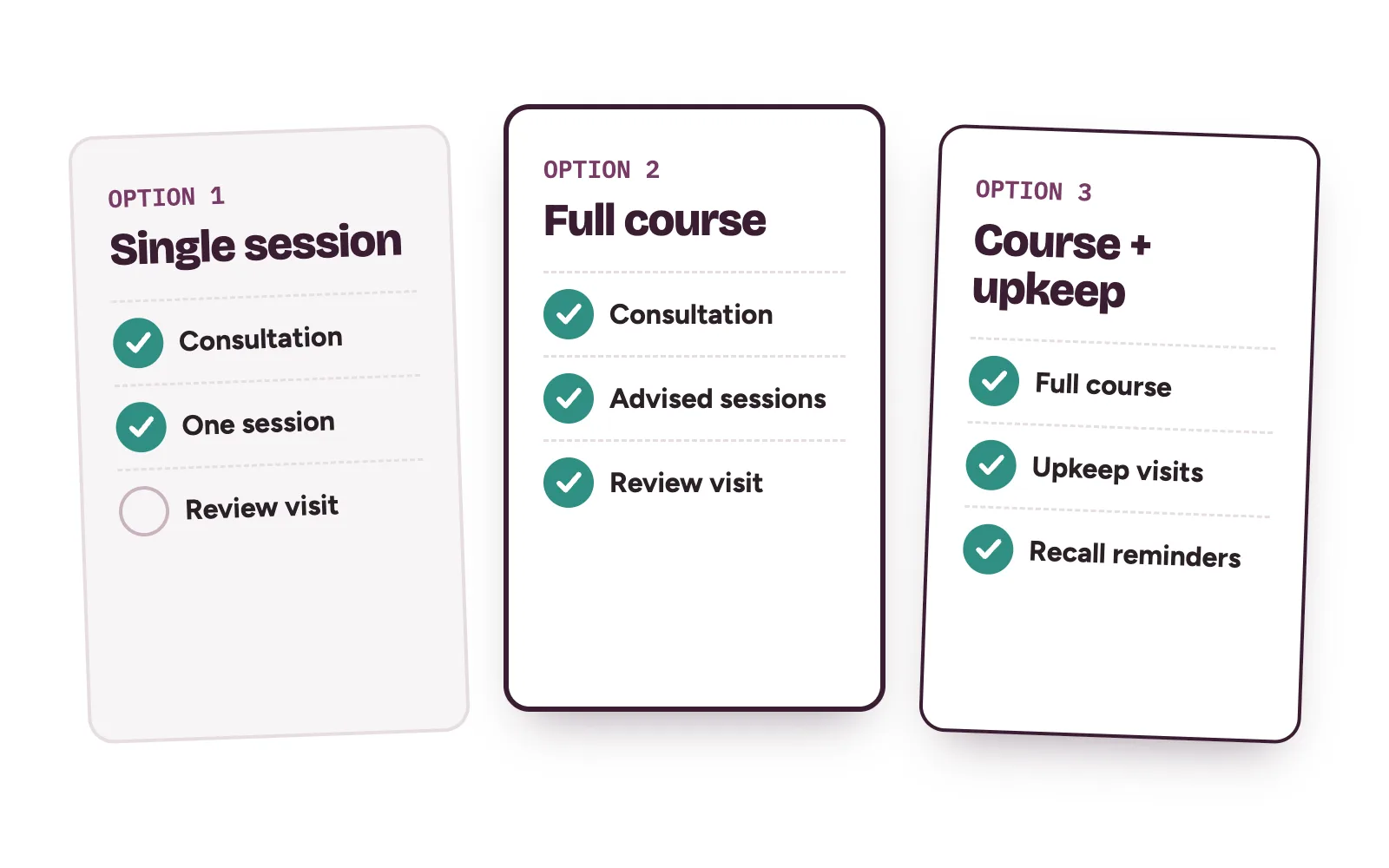 Three aesthetic package cards: single session, full course, and course with upkeep visits, each listing what is included