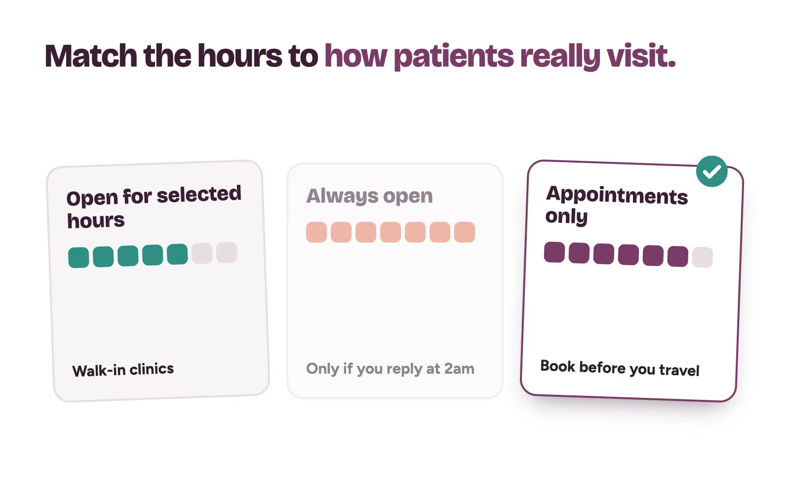 Three business hours choices on a clinic phone with Appointments only selected