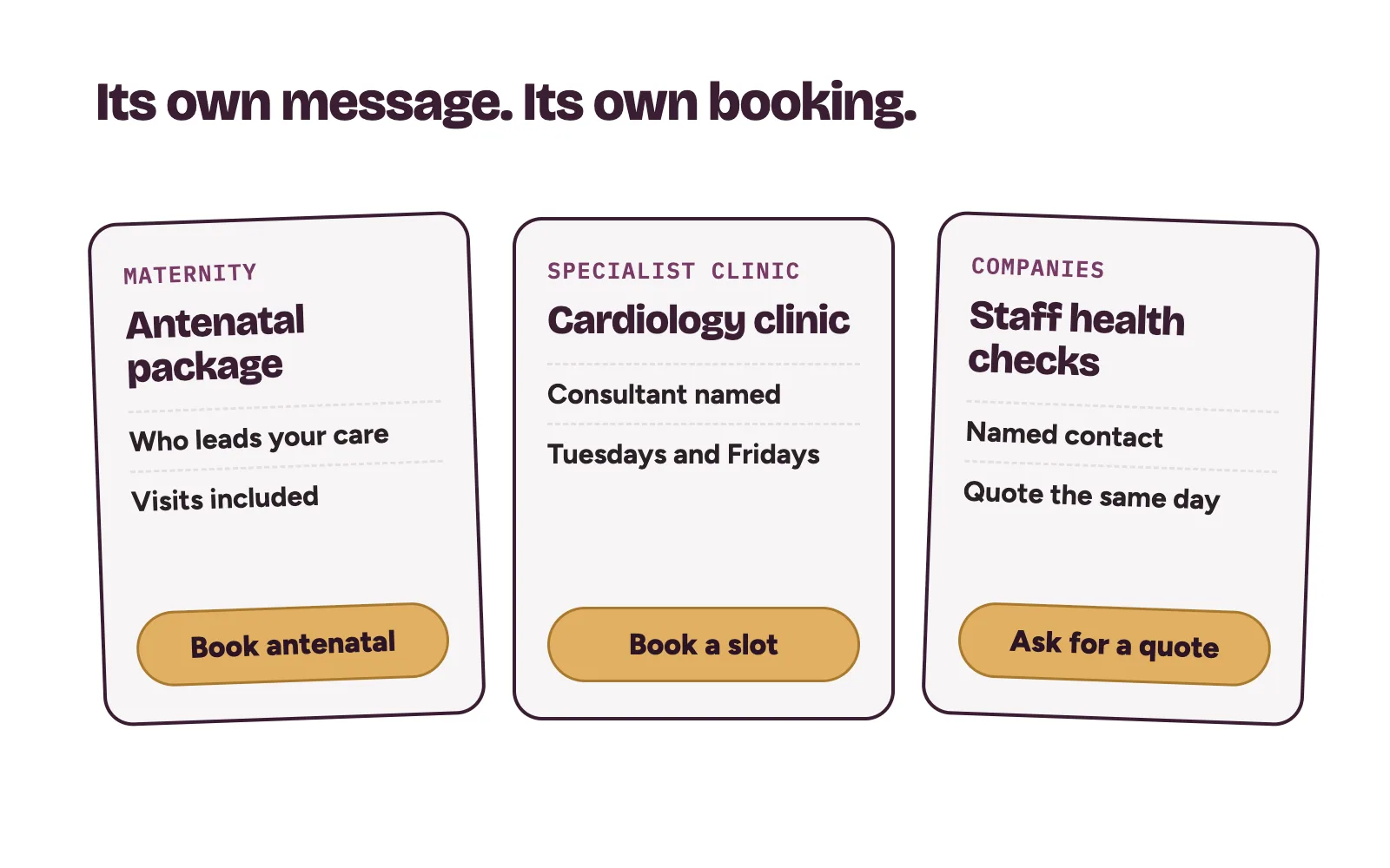 Three hospital department cards: antenatal package, cardiology clinic on set days, and staff health checks, each with its own booking button