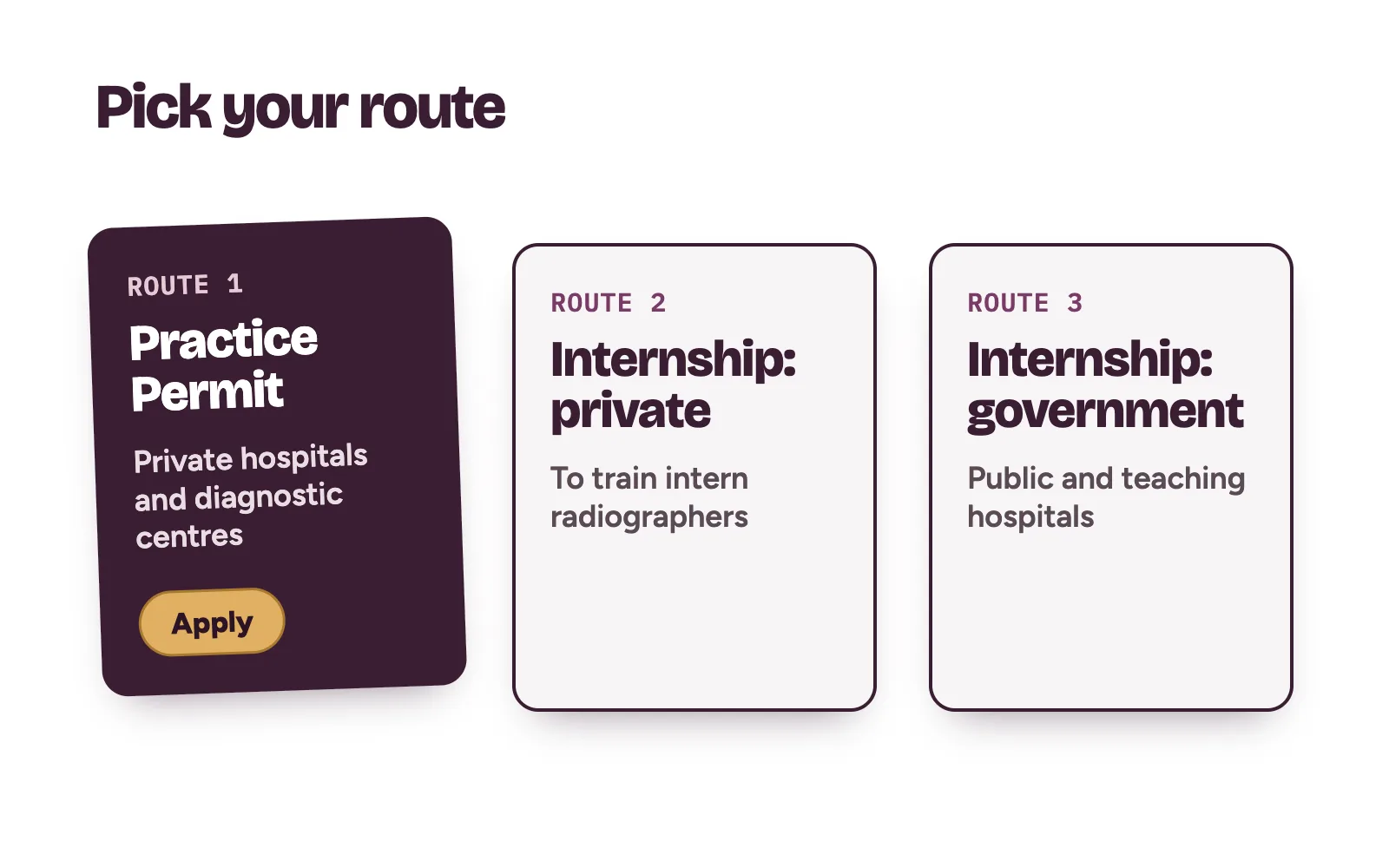 Three RRBN portal routes: practice permit for private centres, private internship accreditation and government internship accreditation