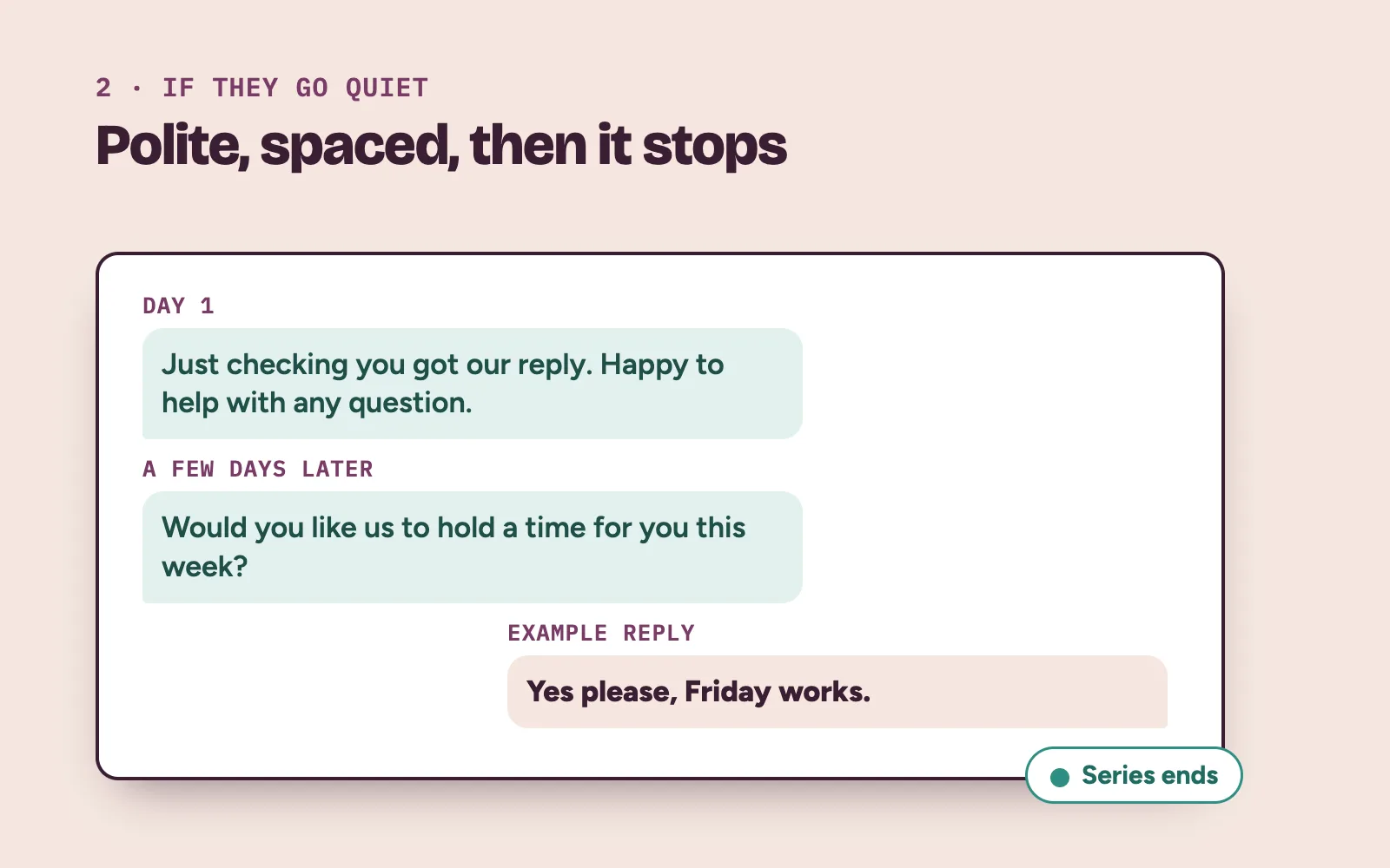 Three spaced follow-up messages to a patient who went quiet, ending when the patient replies to book