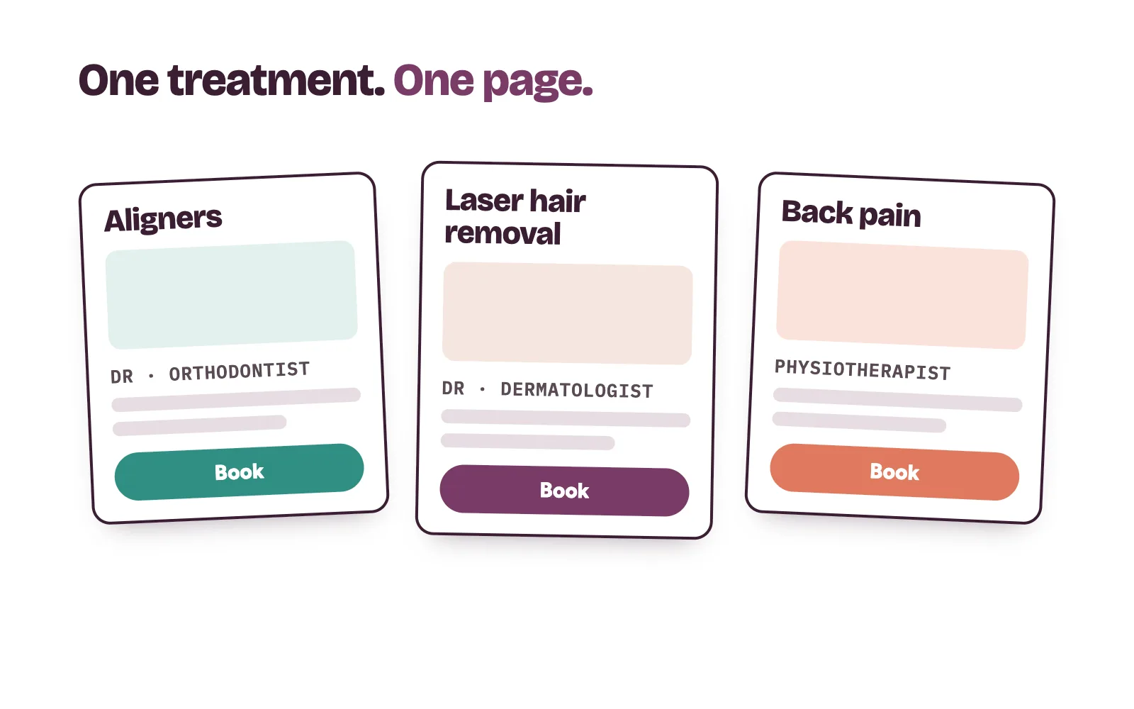 Three treatment pages side by side, each with a short description, the doctor who does it and a book button