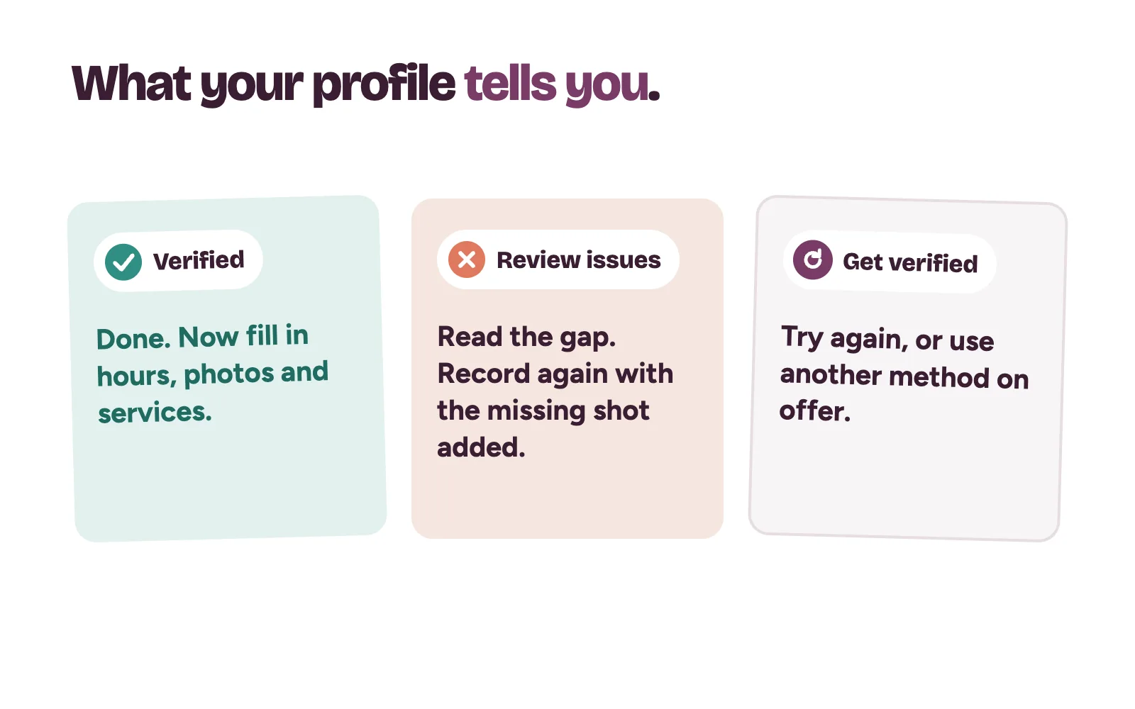 Three verification results a clinic may see: verified, review issues with a new recording, and get verified again