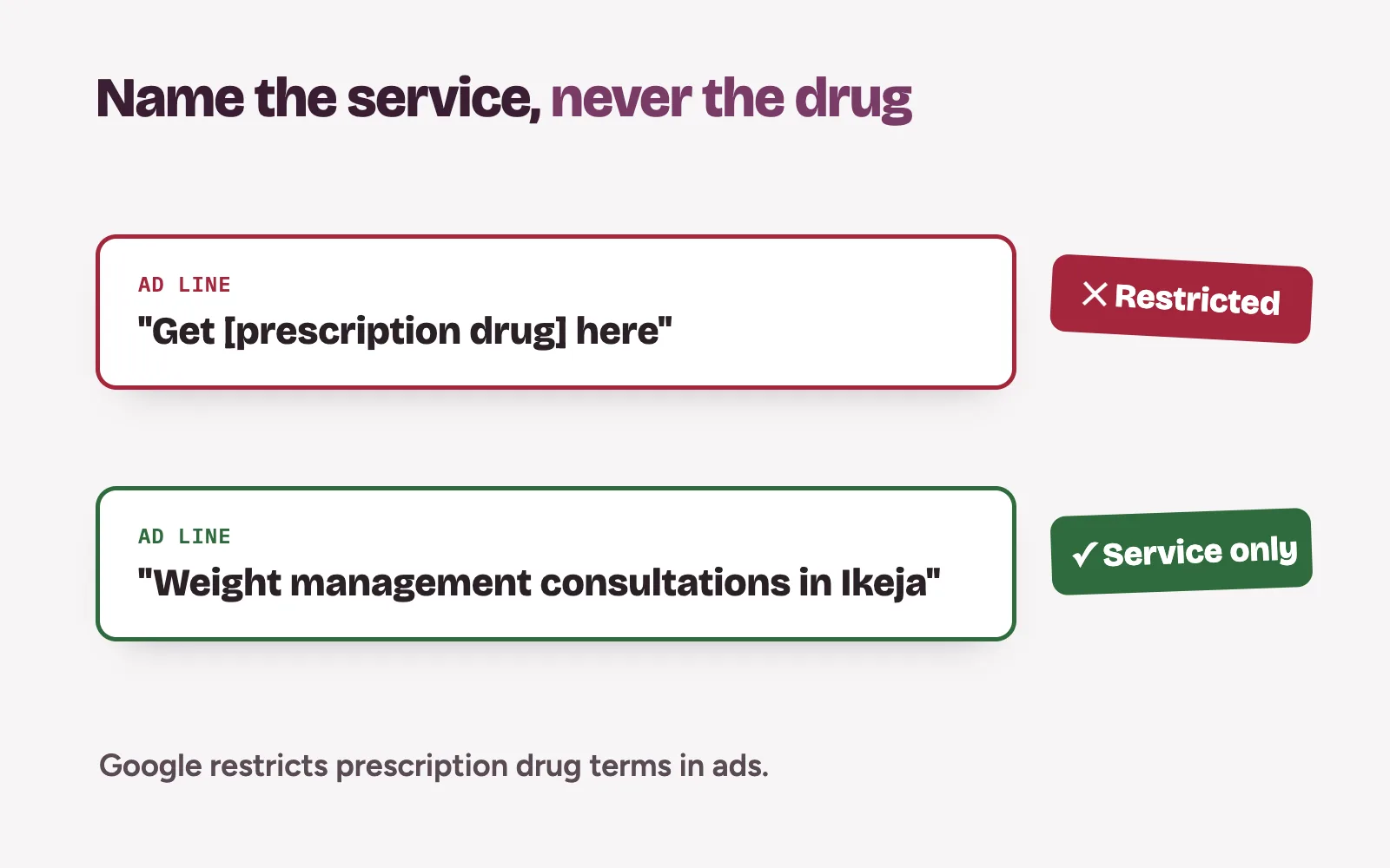 Two clinic ad lines compared: one naming a prescription drug, restricted, and one naming only a consultation