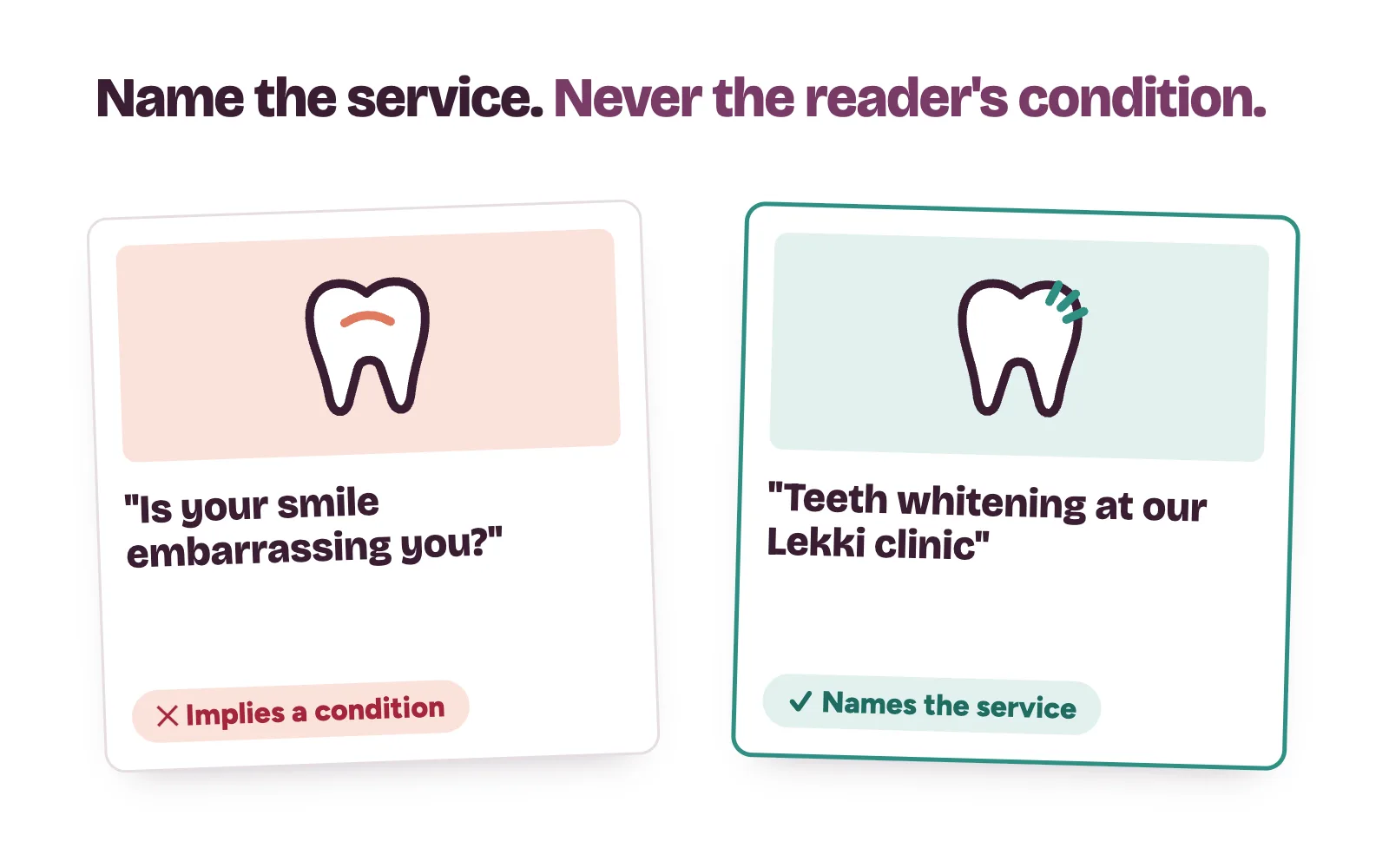 Two clinic ad lines side by side: one implying the reader has a condition, rejected, and one naming the service, approved
