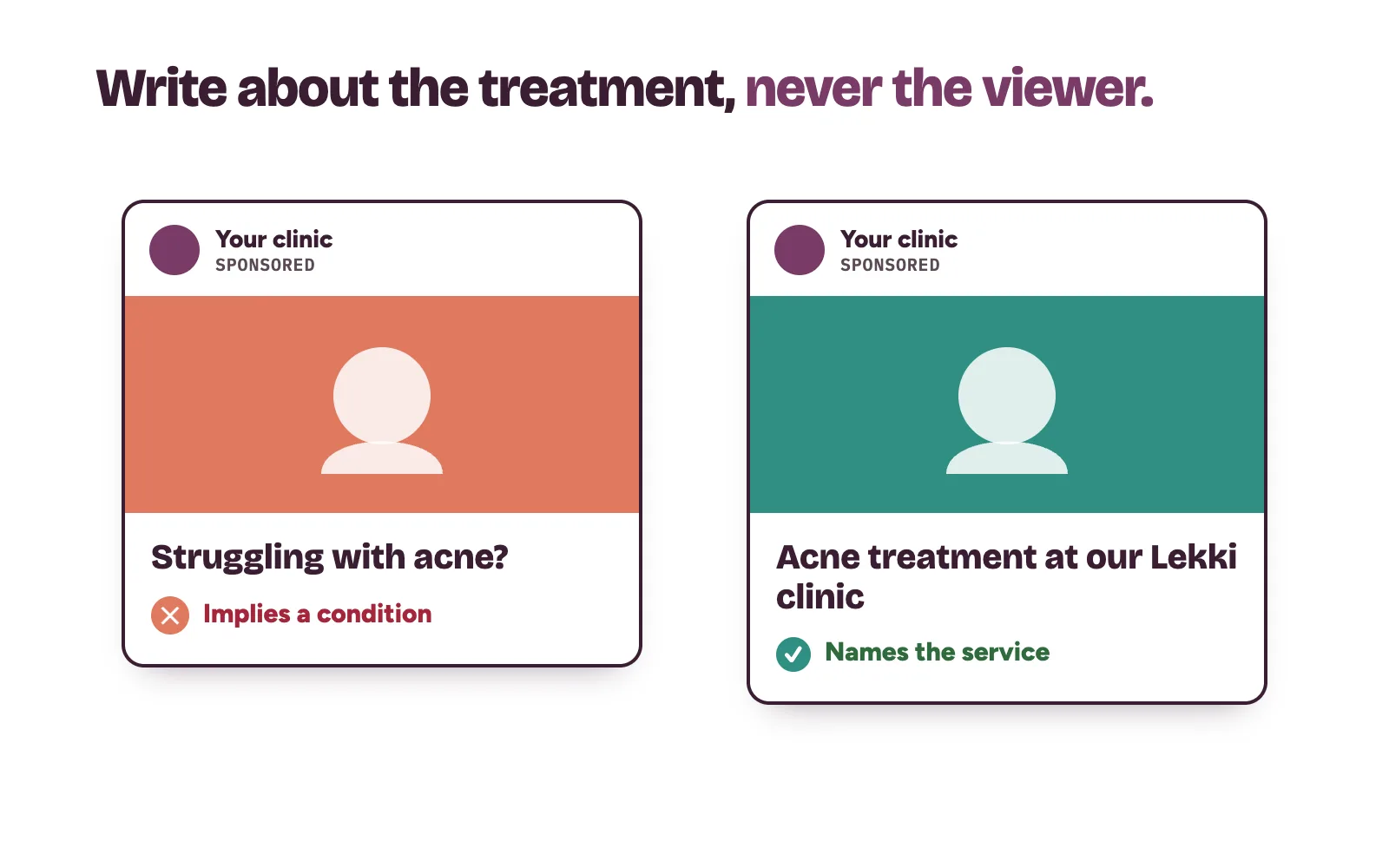 Two Instagram ad captions compared under Instagram ad rules: one asks about the viewer's skin, one names the clinic's treatment