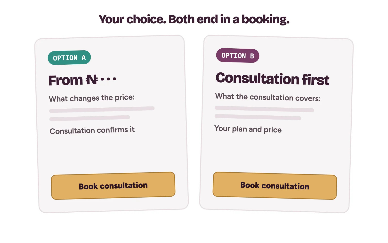 Two price layouts on an aesthetic clinic website: a from-price with what changes it, or a consultation-first note, both ending in a booking button