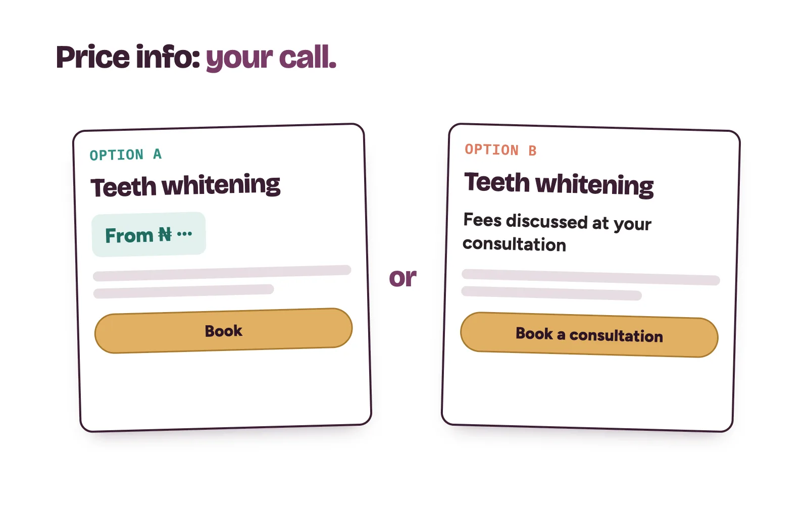Two ways a clinic website can handle price: a starting price shown on the page, or a clear book a consultation button