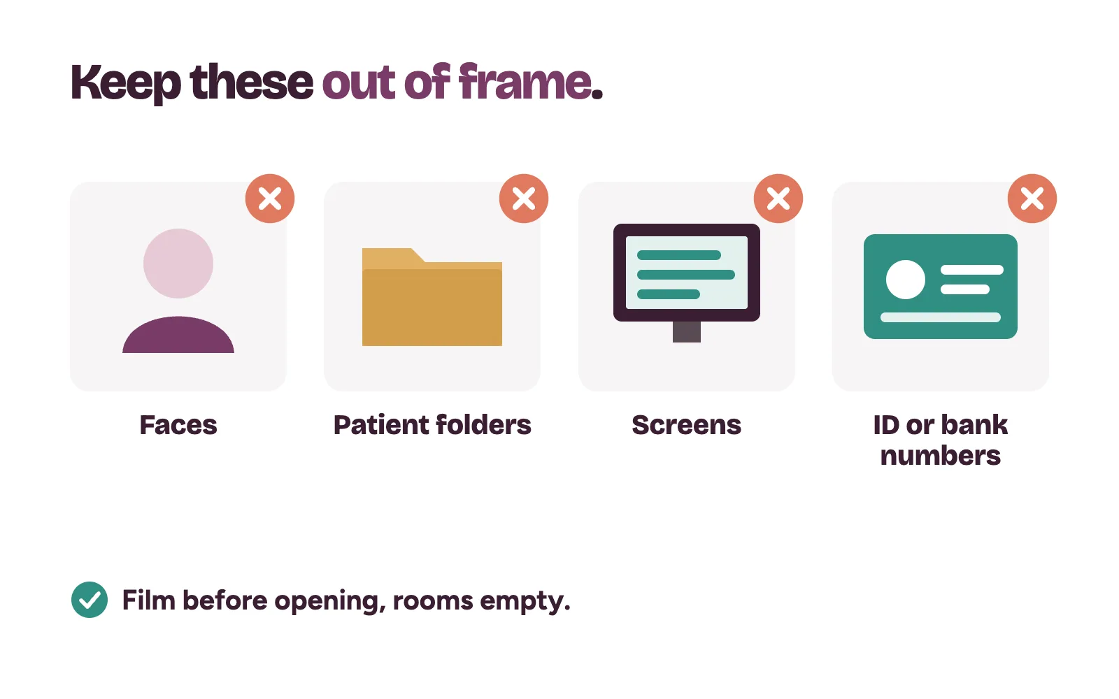 What a clinic must keep out of a verification video: faces, patient folders, screens and bank or ID numbers
