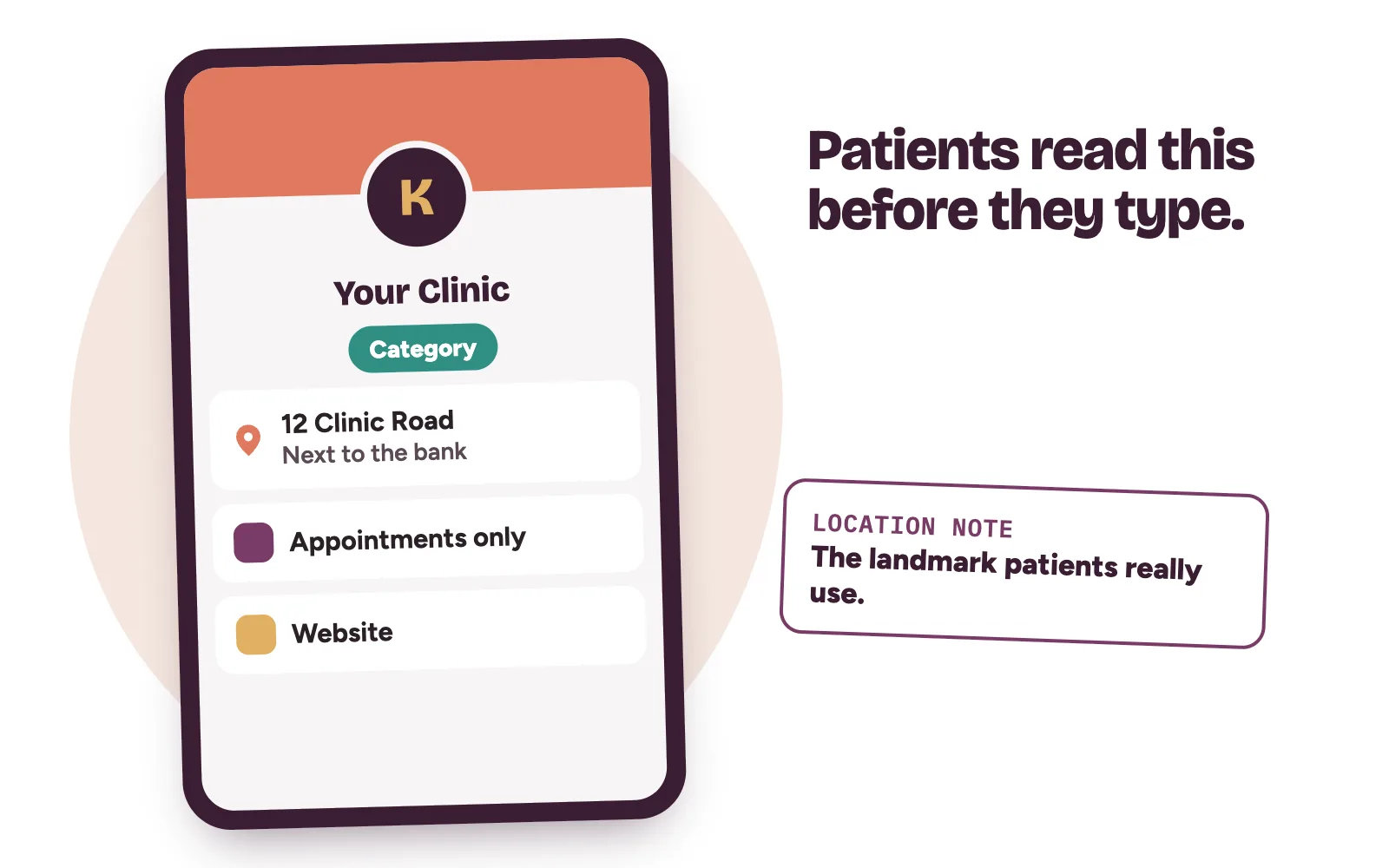 WhatsApp Business account profile for a clinic showing name, category, address with a landmark note and appointment hours